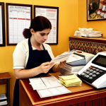**

"A small café in Tirana, Albania. Focus on the counter with a cash register, displaying receipts and invoices. A woman is diligently organizing paperwork related to VAT, with a calculator nearby. Emphasize the challenges of VAT registration and reporting for a small business. Soft, warm lighting."

**