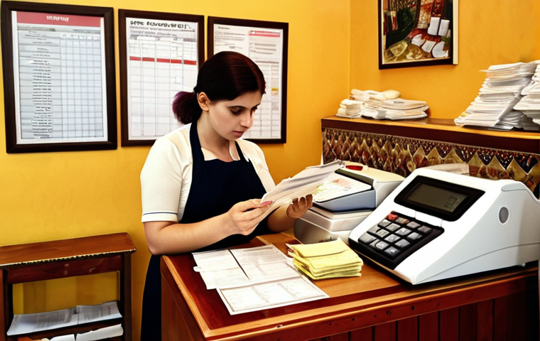 **

"A small café in Tirana, Albania. Focus on the counter with a cash register, displaying receipts and invoices. A woman is diligently organizing paperwork related to VAT, with a calculator nearby. Emphasize the challenges of VAT registration and reporting for a small business. Soft, warm lighting."

**