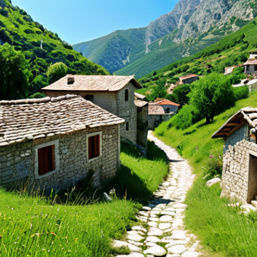 Home 6 **
* **Prompt:** Quaint Albanian mountain village, traditional stone houses, hiking trails, lush green landscape, adventure tourism concept, sunny day.
**
