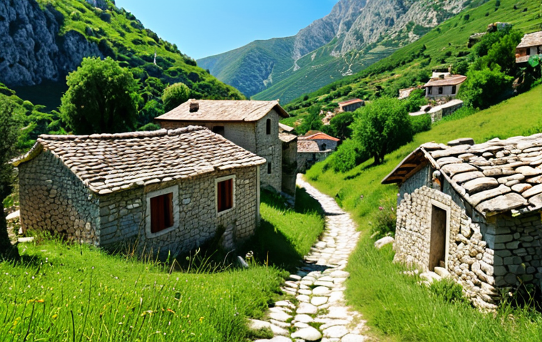 **

*   **Prompt:** Quaint Albanian mountain village, traditional stone houses, hiking trails, lush green landscape, adventure tourism concept, sunny day.

**